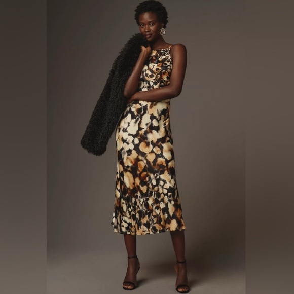Anthropologie Black and Brown High Neck Midi Dress - Picture 1 of 8